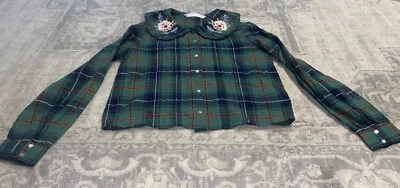 Zara Trafaluc Green Blue Plaid Floral Button Down Short Shirt SZ XS X-small - Image 1 of 4