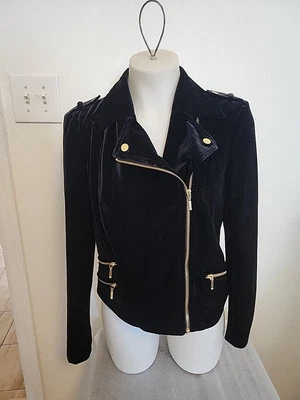 INC International Concepts Petite Velvet Moto 夹克黑色 PM 中号 — 第 1/4 张图片