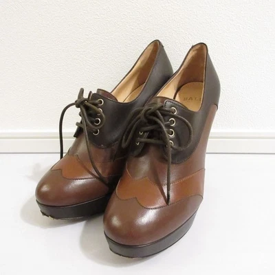BALLY Leather Platform High Heel Lace-up Bootie 36.5 Brown Women USED - Image 1 of 4