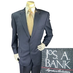 Jos A Bank Signature Collection Men 2pc Suit 46R 36x28.5 Wool Striped Navy Blue - Picture 1 of 11