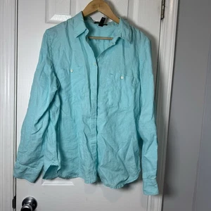 Lauren Ralph Lauren EmLinen Light Blue Button Up Shirt Women XL Roll Up Sleeves - Picture 1 of 5