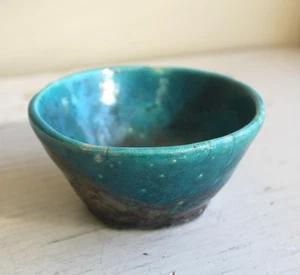 Handgefertigte Raku Studio Keramik Schale Rad geworfen Vintage 90er türkis grau - Bild 1 von 7