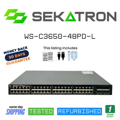 🔀 Cisco WS-C3650-48PD-L • 48x PoE+ • LAN Base • 2×10G Uplink ⚡FastShip - Image 1 of 2