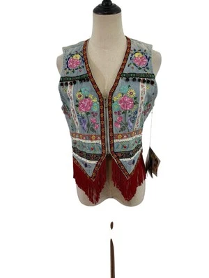 Chaleco Joujou De Colección Años 80 Nuevo Con Etiquetas Denim Bordado Con Cuentas Flecos Floral Talla M Boho Hippie Foto 1 de 4