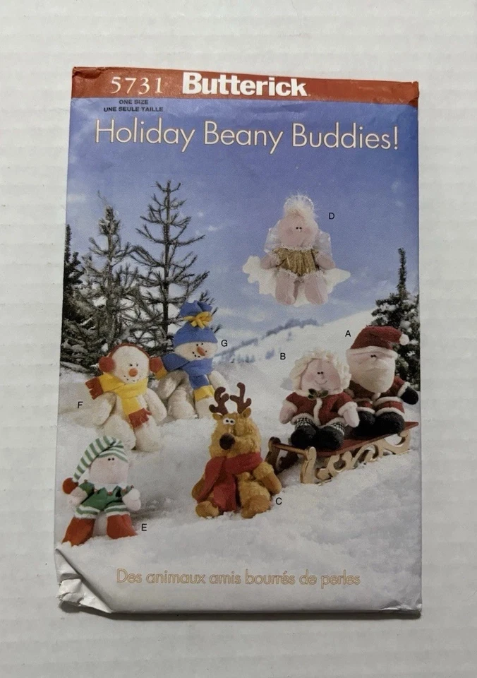 Butterick Sewing Pattern 5731 Holiday Beany Friends Stuffed Animals Uncut - Image 1 of 3