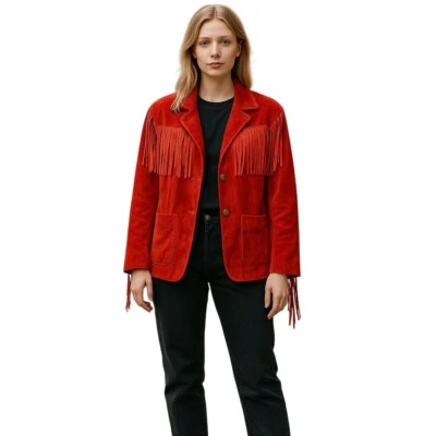 Authentic Winlit 1969 Western Rockabilly Red Suede Fringe Jacket Size -M- - Image 1 of 4