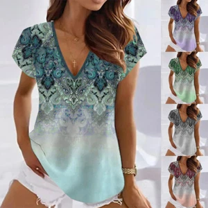 Plus Size Women's Boho Summer T-Shirts Tee Ladies V-Neck Casual Tops Blouse US - Picture 1 of 17