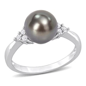 AMOUR 8-8.5mm Black Tahitian Pearl and 1/8 CT TDW Diamond Ring In Sterling - Photo 1 sur 4