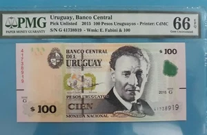 2015 URUGUAY 100 PESOS URUGUAYOS PMG66 EPQ GEM UNC - Picture 1 of 4