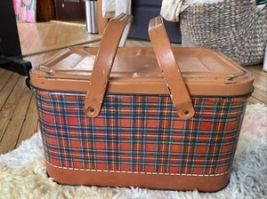 Orange & Red Plaid Metal Tin Picnic Basket Tuttle Corporation Cockeysville, MD - Picture 1 of 8
