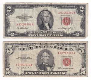 1953 Series US $2 & 1963 $5 Red Seal Pair of Banknotes in Circulated Condition - Picture 1 of 6