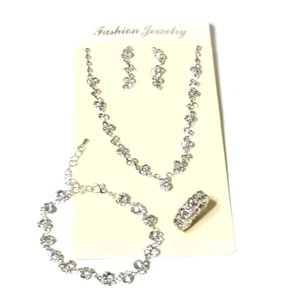 4pcs Jewelry Set Rhinestone Women Necklace Brass Plated Silver - Picture 1 of 9