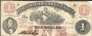 Confederate: $1.00 Virginia Treasury Note, Kr #S3681b (48147) - Picture 1 of 1