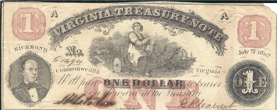 Confederate: $1.00 Virginia Treasury Note, Kr #S3681b (48147) - Image 1 of 1