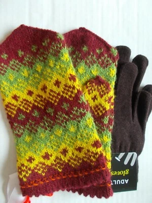 Guantes letones tejidos a mano 100 % lana, marrón rojizo/verde/amarillo (talla M) + guantes Foto 1 de 3