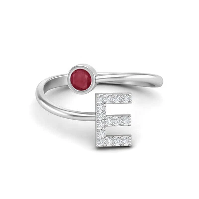 Anello E Iniziale Lettera Rubino Vetro Riempito Regolabile Frontale Aperto Argento 925 - Immagine 1 di 4