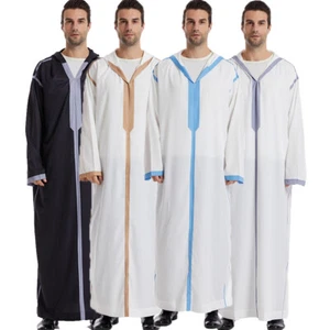 Men Thobe Jubba Thoub Abaya Muslim Men Hooded Kaftan Dishdasha Saudi Men Robe - Picture 1 of 58