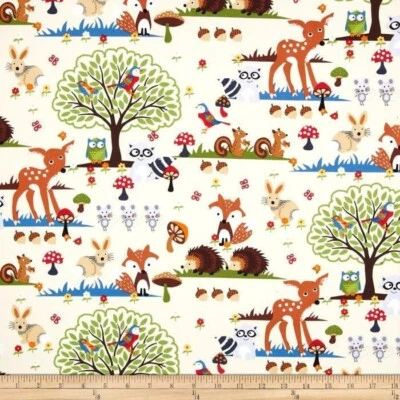34 Inches Woodland Scene Forest Animals Fox Hedgehog Deer Cotton Fabric - Image 1 of 4
