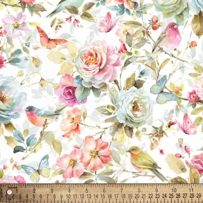 David Textiles – Watercolor Floral Birds & Butterflies 1 Yard Cut (36"x44") 100% - Image 1 of 3