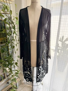 Black Lace Sheer Open Front Long Cardigan Duster Witchy Romantic Gothic Size 2X - Picture 1 of 8