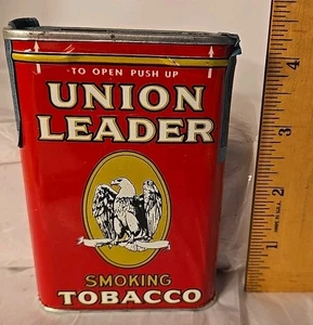Vtg UNION LEADER Smoking PIPE Tobacco Pocket Tin Tax Stamp Advertising Smoking - Picture 1 of 10