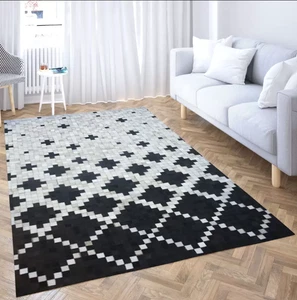 Hand Made Natural Cowhide Hair on Patch Work Leather Modern Carpet Room AA80 - Picture 1 of 3