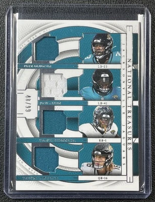 TREVOR LAWRENCE ETIENNE ALLEN 2023 NATIONAL TREASURES QUAD JERSEY /99 JAGUARS - Image 1 of 2