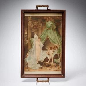 Courselles Dumont Venus Cupid Lion Antique Print Wood Glass Vanity Tray 17.5"l - Picture 1 of 6