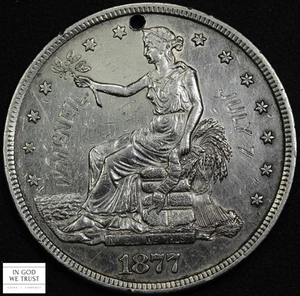 1877 S Trade Silver Dollar $1 - Holed & Engraved - Picture 1 of 3