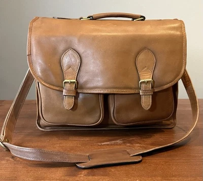 Vintage Brown Leather Double Flapover Briefcase Work School Laptop Travel Bag - Image 1 of 4
