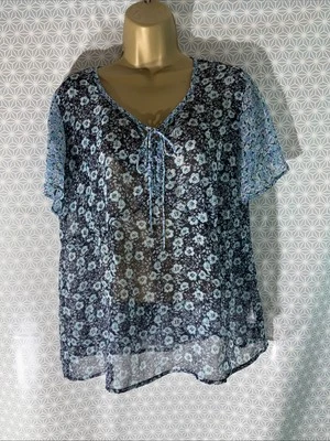 Womens BHS Petite Uk 14 Blue Mix Floral Short Sleeve V Neck Sheer Blouse Shirt - Image 1 of 4