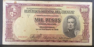 URUGUAY, 1939, 1000 PESOS, Currency Note, USED / CIRCULATED - Bild 1 von 2