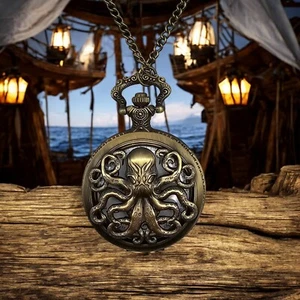Steampunk Octopus Kraken Engraved Pocket Watch Quartz Sea Monster Bronze Color - Picture 1 of 6
