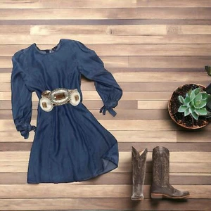 NWT! VELVET HEARTS Chambray Long Sleeve Dress Bow Tie Cuffs Blue Denim Sz M - Picture 1 of 6