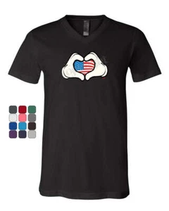 I Heart USA Cartoon Hands V-Neck T-Shirt 4th of July Cute American Flag Tee - Picture 1 of 5