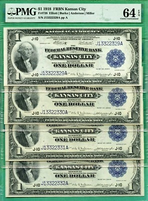 CUT SHEET & A RADAR SERIAL - 1918 $1 FRBN - ALL PMG CU 64 EPQ - KANSAS CITY - Image 1 of 4
