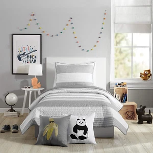 All Seasons Lavelle Gray/White Stripe Quilt Set - 2 Piece Soft Brushed Microfibe - Picture 1 of 3