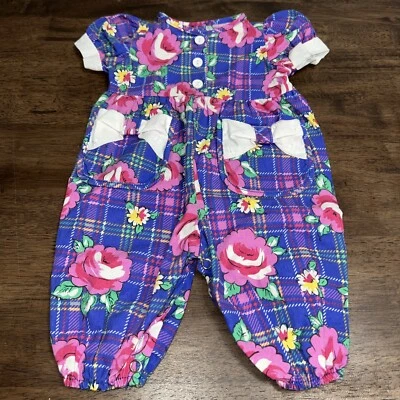Mameluco Evy Baby a Cuadros Floral Púrpura Rosa Lazo Bolsillos Manga Corta 0-6mo De Colección Foto 1 de 4