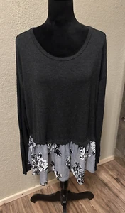 Freebird Women’s XL Shirt Tunic Gray Fabric Floral Ruffle Hem relaxed flowy - Picture 1 of 11