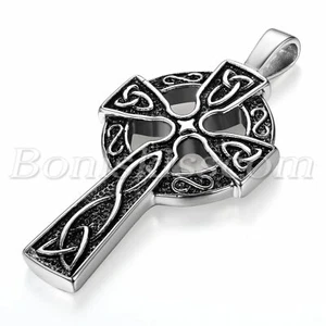 Vintage Men Stainless Steel Casting Celtic Cross Irish Knot Pendant Necklace 22" - Picture 1 of 5