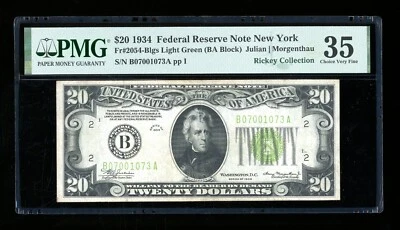 DBR 1934 $20 LGS FRN New York Fr. 2054-Blgs PMG 35 Serial B07001073A - Image 1 of 2