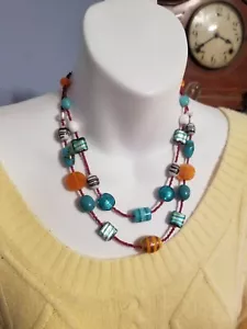 Doppelstrang bunte Kunst Glas Halskette blau orange verstellbar klobig Schmuck - Bild 1 von 6