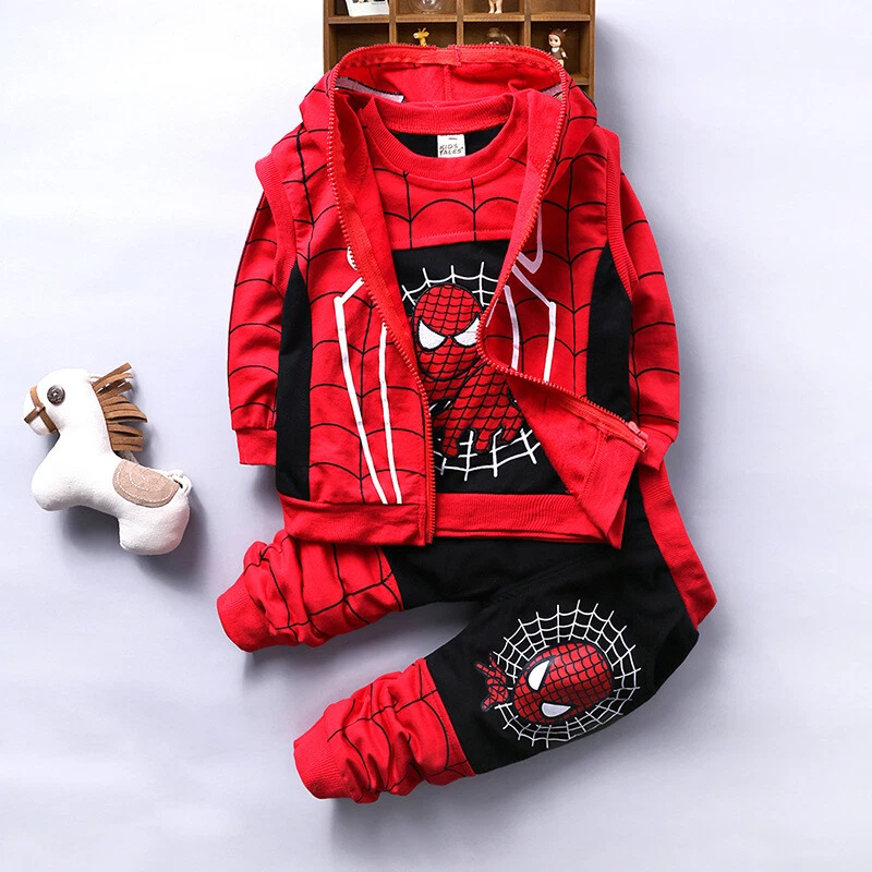 Conjunto de 3 piezas chaleco con capucha + tops + pantalones para niños pequeños bebés niños Spider-Man  Foto 1 de 4
