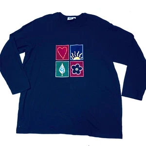Johnny Was T shirt Large Embroidery Navy Blue 100% Cotton Long Sleeves - Picture 1 of 6