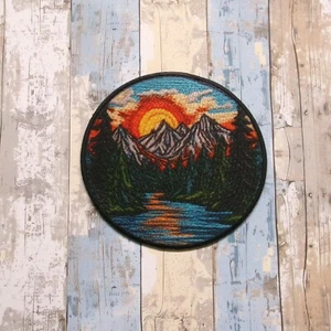 Outdoor Nature Patch Embroidered Iron-On Applique Mountain Badge, River, Sunset - Picture 1 of 16