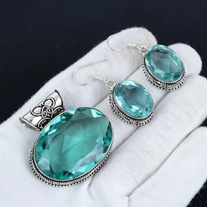 Aqua Apatite Gemstone Handmade Silver Drop & Dangle Pedant +E arring Sat Jewelry - Picture 1 of 4