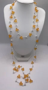 Collar de perlas de imitación de plata/abalorios de hélice de oro/amarillo de 46" L vintage hecho a mano - Imagen 1 de 5
