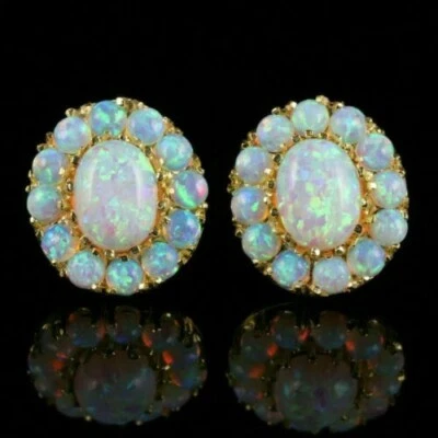 4.50Ct Lab Created Oval Opal Push Back Halo Stud Earrings Yellow Gold Plated - Image 1 of 4