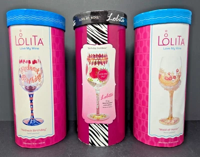 LOT of 3 LOLITA Wine Glasses Redneck Birthday Maid of Honor Birthday Goddess NOS - Image 1 of 4