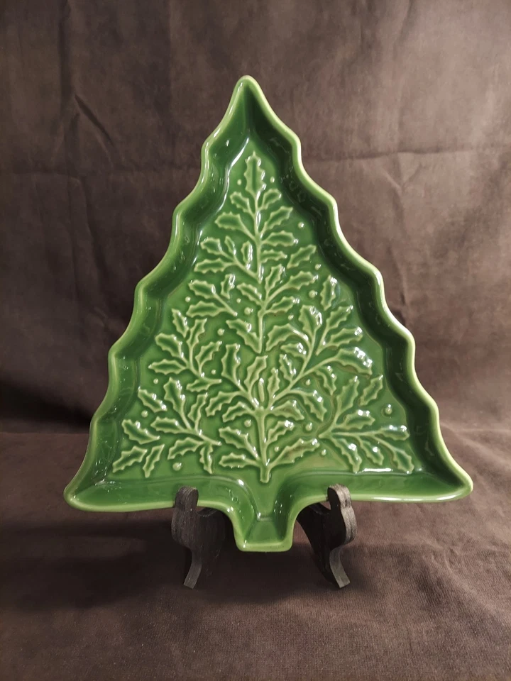 Hallmark Green Embossed Stoneware Christmas Tree Serving Dish Size 10 1/2" X 9" - Image 1 of 4